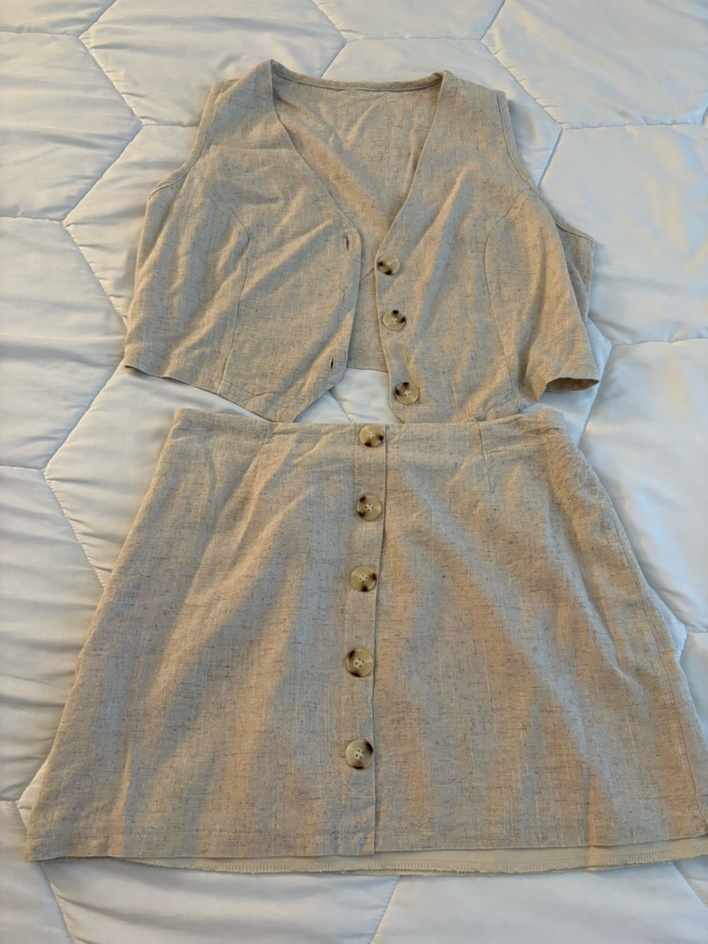 Neutral Beige Button-Front Skirt and Vest Dress Set